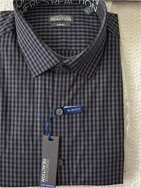 Kenneth Cole Reaction Slim Fit Black and Gray Striped Plaid Dress Shirt